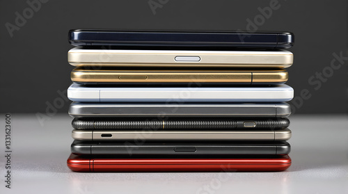 side view of multiple colors smartphones stacked, technology gadgets, mobile phones