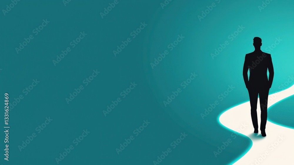 Create Opportunities growth goal-setting concept. Silhouette of a man walking on a winding path against a teal background. Create Opportunities growth goal-setting concept. Silhouette of a man walking on a winding path against a teal background.