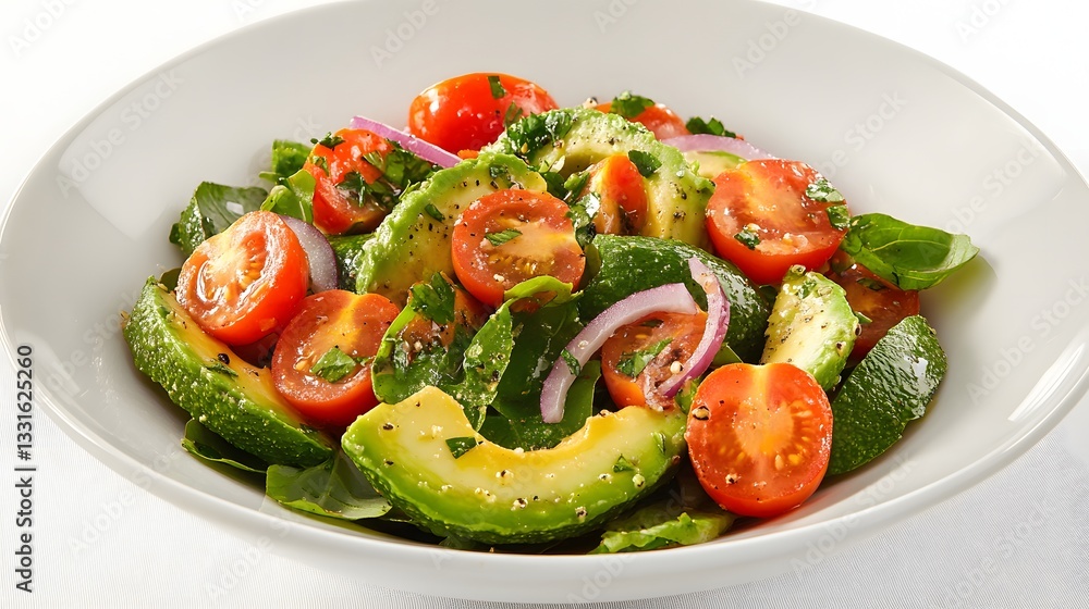 Fresh avocado, tomato, and onion salad in a white bowl. A healthy and colorful dish. Fresh avocado, tomato, and onion salad in a white bowl. A healthy and colorful dish.