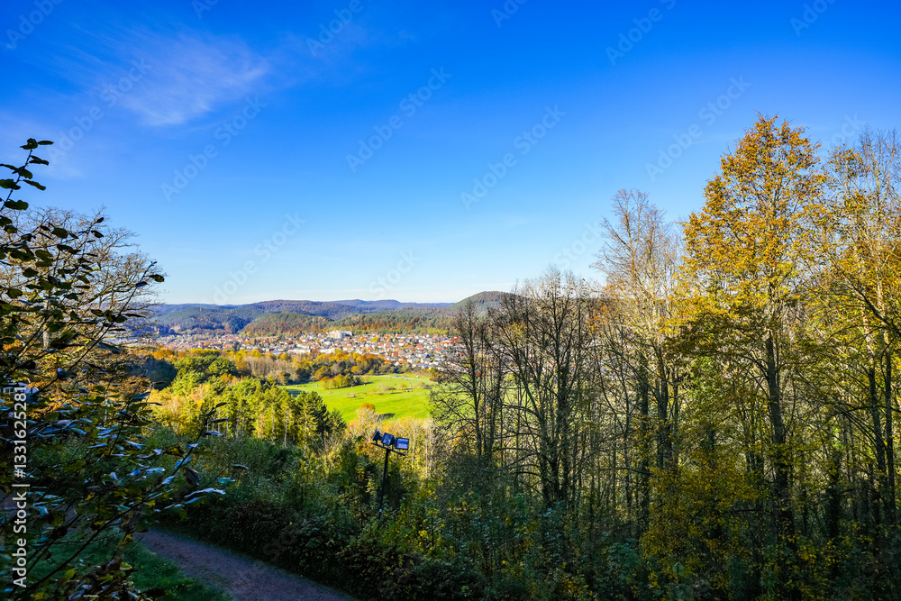 View from the Altdahn castle massif of the surrounding landscape with green forests. Nature at the medieval rock castle in the Palatinate region.
View from the Altdahn castle massif of the surrounding landscape with green forests. Nature at the medieval rock castle in the Palatinate region.