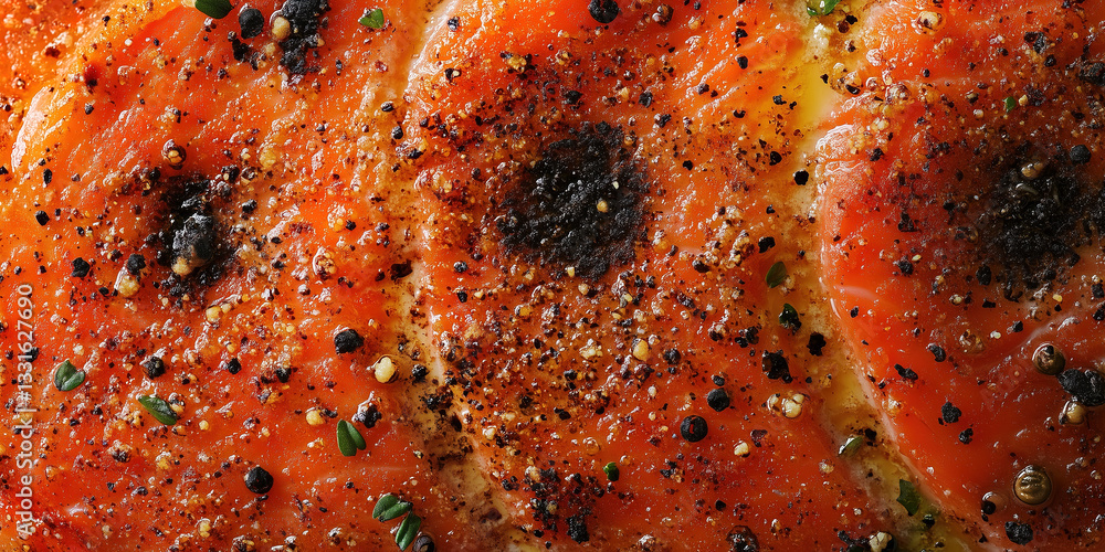 a grilled salmon fillet, a macro and full-frame texture shot, close-up texture, top view a grilled salmon fillet, a macro and full-frame texture shot, close-up texture, top view