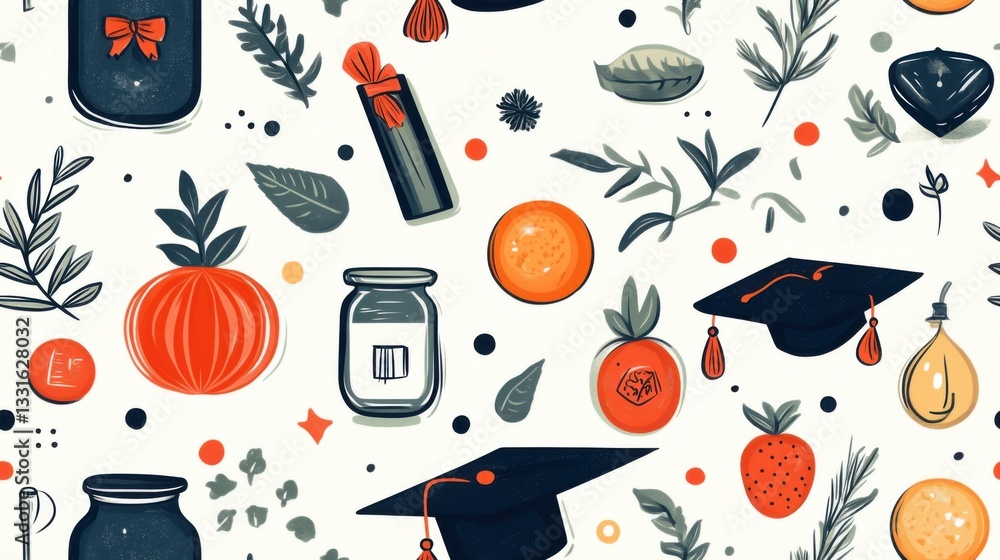 A whimsical seamless pattern featuring a mix of stylized objects including graduation caps, botanical elements, jars, and fruit, scattered across a light background, creating a playful and eclectic de A whimsical seamless pattern featuring a mix of stylized objects including graduation caps, botanical elements, jars, and fruit, scattered across a light background, creating a playful and eclectic de