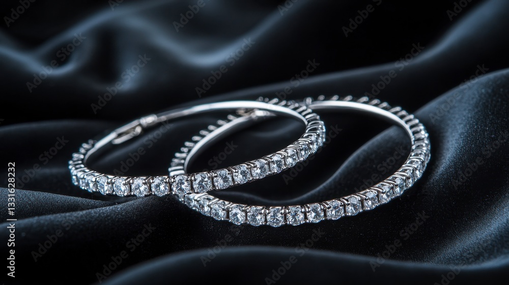 Fototapeta premium A pair of elegant small diamond bracelets placed on a fine black velvet surface for a contrasting effect.