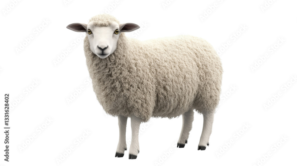 Fototapeta premium White sheep standing on a plain background during a sunny day in a rural setting