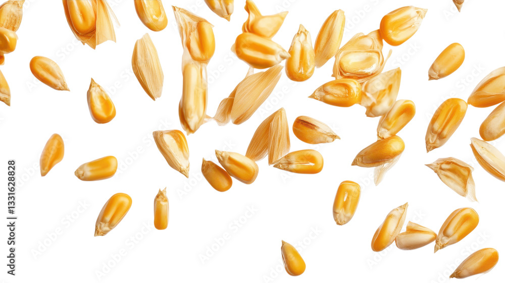Yellow corn kernels scattered on a white background creating a vibrant texture for culinary use or decoration Yellow corn kernels scattered on a white background creating a vibrant texture for culinary use or decoration