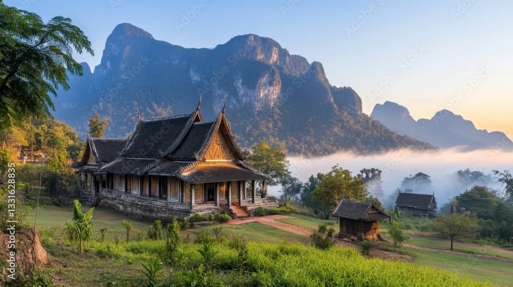 A peaceful early morning scene at Khao Sukim Temple, with fog gently settling around the temple and mountains in the background.