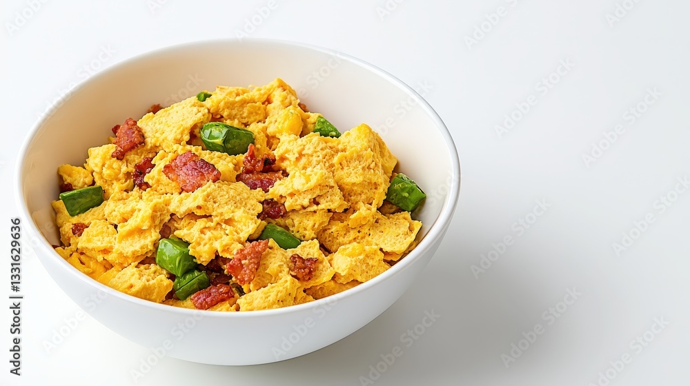 Healthy Scrambled Eggs with Bacon and Green Peppers in Bowl Healthy Scrambled Eggs with Bacon and Green Peppers in Bowl