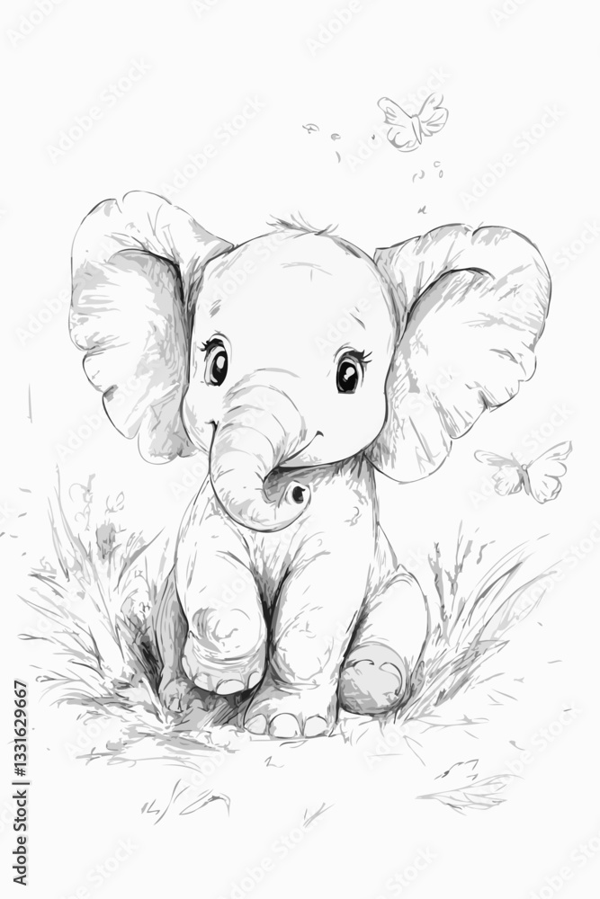Obraz premium Cute Baby Elephant Sketch Whimsical Butterflies