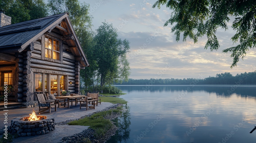 Obraz premium Cozy lakeside cabin with a fire pit at dusk shows peace