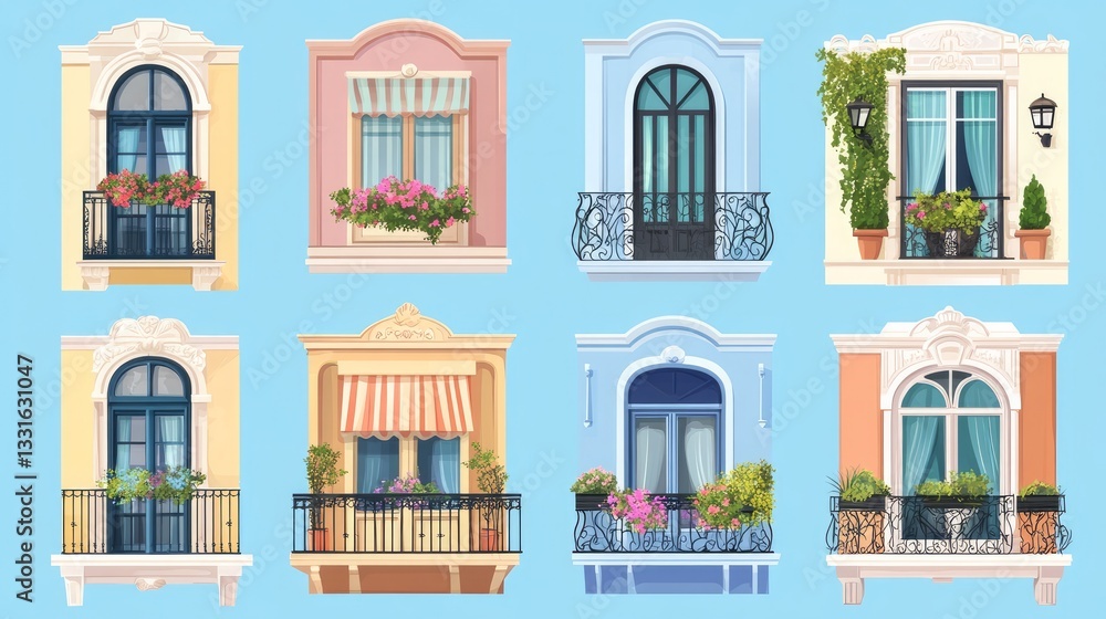 Flat vector illustration featuring a collection of detailed and colorful windows with curtains flowers balconies and window sills Flat vector illustration featuring a collection of detailed and colorful windows with curtains flowers balconies and window sills