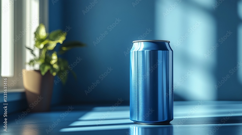 A shiny blue beverage can stands upright on a blue tabletop, illuminated by soft sunlight streaming through a window. A green plant in a pot adds a touch of color to the serene setting. A shiny blue beverage can stands upright on a blue tabletop, illuminated by soft sunlight streaming through a window. A green plant in a pot adds a touch of color to the serene setting.