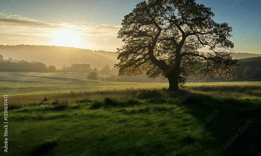Sunrise over misty valley, lone tree in green field, peaceful morning landscape, nature background Sunrise over misty valley, lone tree in green field, peaceful morning landscape, nature background
