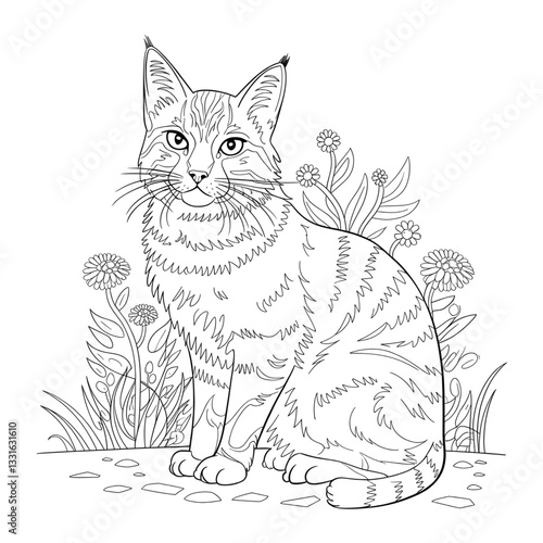 black cat with a flower coloring page 