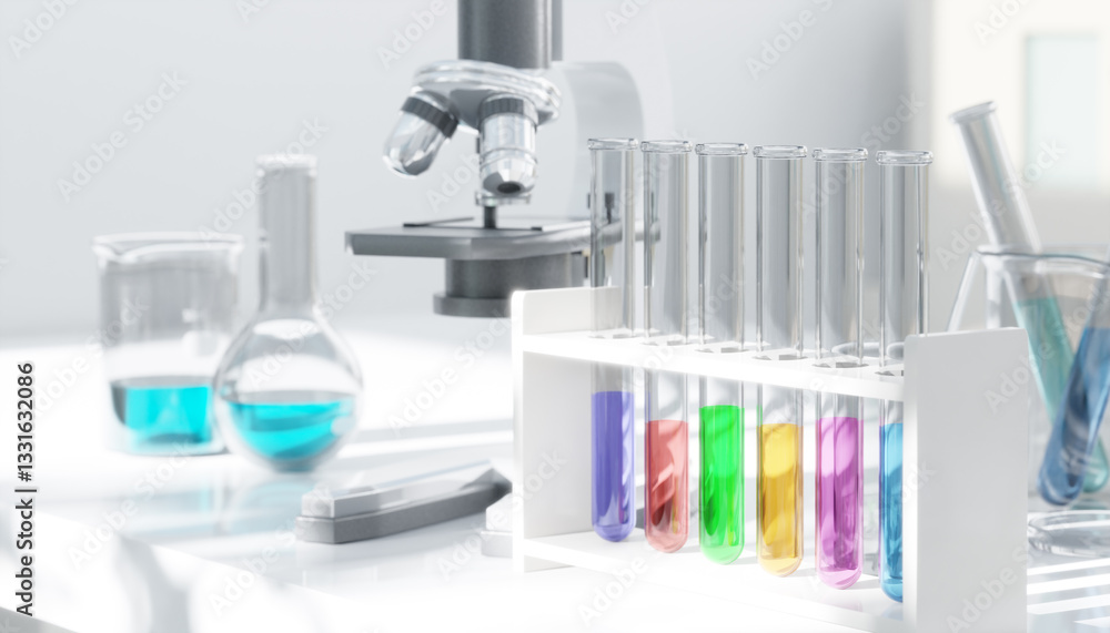 3D Scientist analyzing colorful test tubes with liquids in modern laboratory using microscope 3D Scientist analyzing colorful test tubes with liquids in modern laboratory using microscope