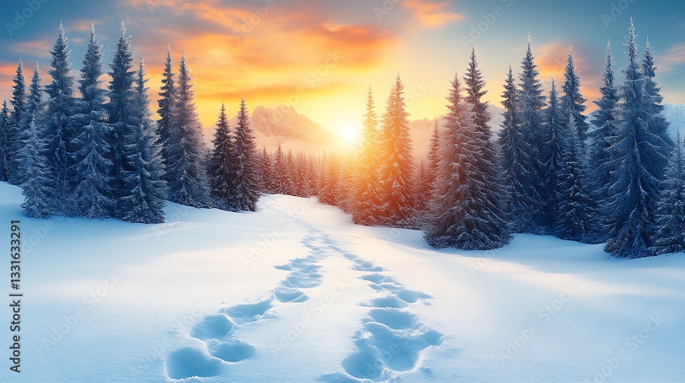 Snow covered path through winter forest at sunset Snow covered path through winter forest at sunset