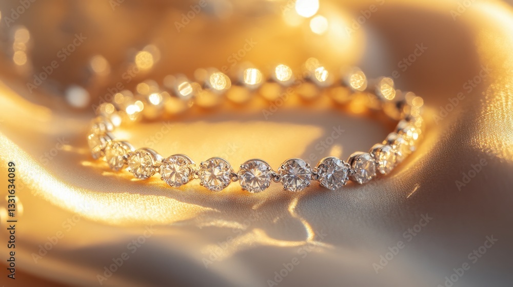 A small, elegant diamond bracelet placed on a soft fabric with a light shimmer reflecting from the diamonds. A small, elegant diamond bracelet placed on a soft fabric with a light shimmer reflecting from the diamonds.