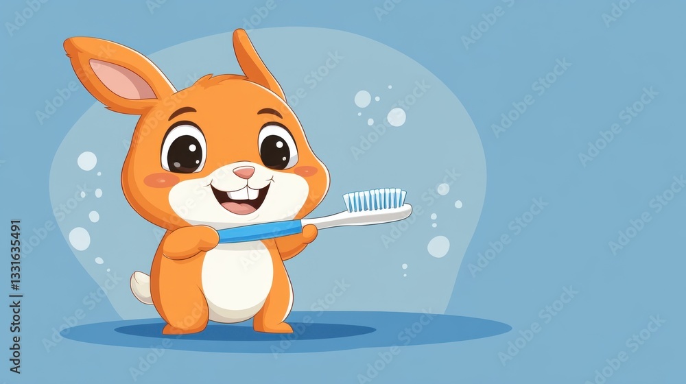 Fototapeta premium cartoon illustration of a rabbit holding a toothbrush, perfect for dental hygiene themes and children's educational materials. The rabbit is rendered in a bright, friendly style.