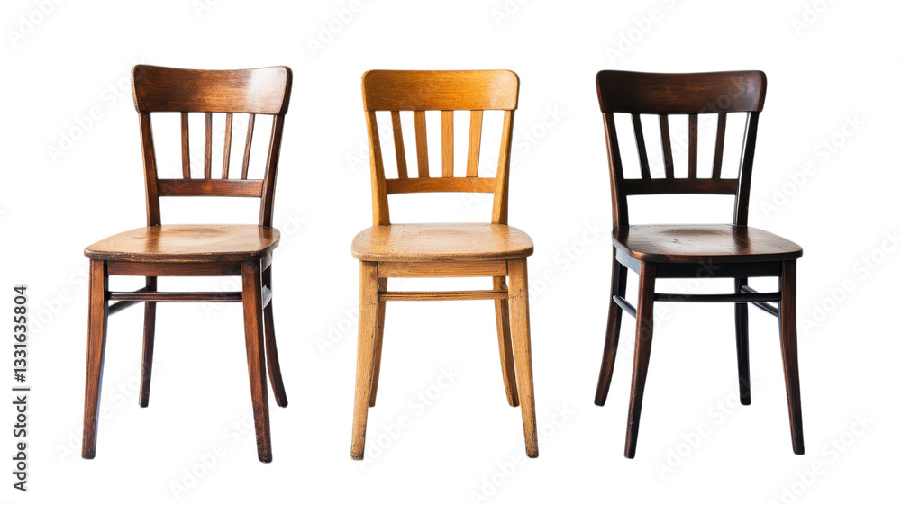 Unique wooden chairs in different finishes lined up against a plain background Unique wooden chairs in different finishes lined up against a plain background