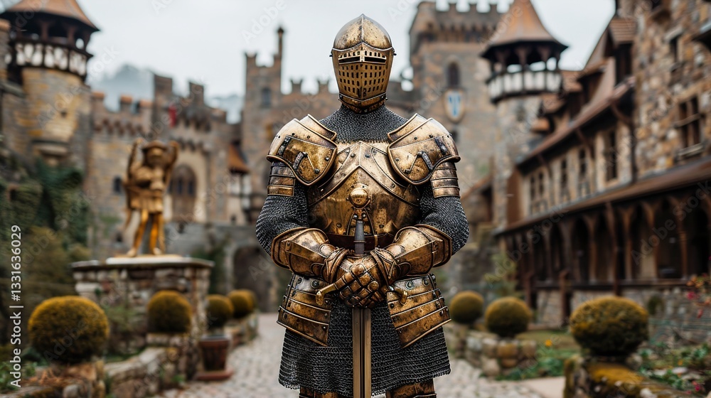 Fototapeta premium A medieval knight in shining armor, standing tall in a castle courtyard. HD 8K wallpaper Photographic Image 