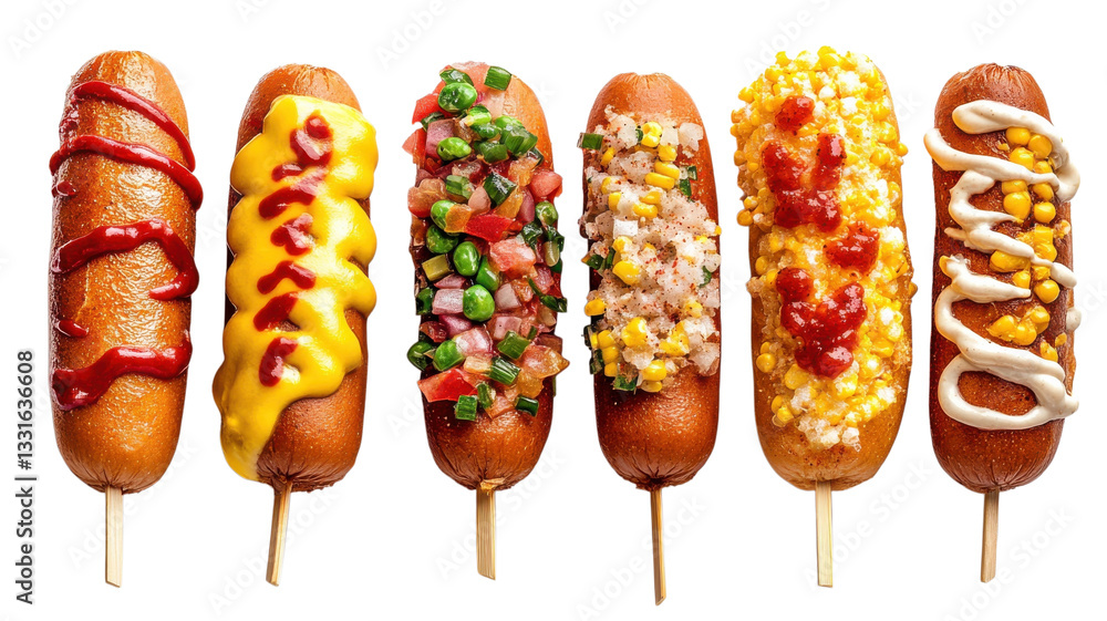 Unique selection of gourmet corn dogs with various toppings displayed on skewers at a food festival Unique selection of gourmet corn dogs with various toppings displayed on skewers at a food festival
