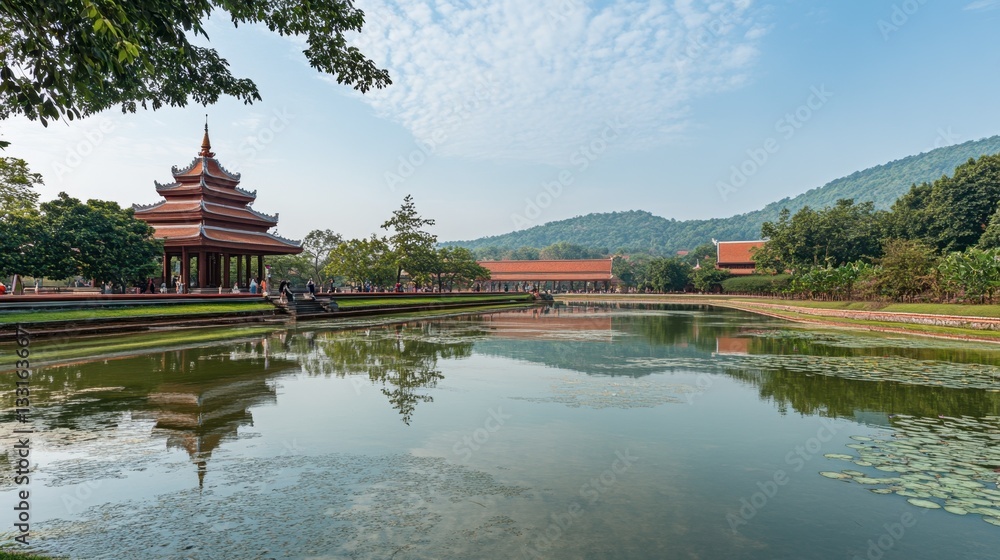 Fototapeta premium A tranquil scene at Mahachedi Chaimongkol Temple during the day, with people walking around the sacred grounds and reflecting on their surroundings.