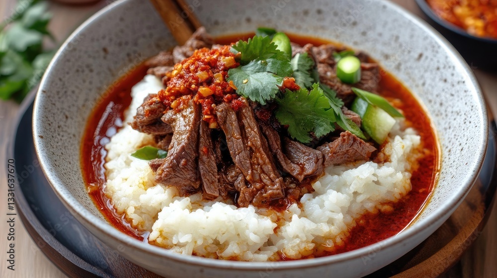 A beautifully arranged bowl of beef rice, accompanied by fresh herbs and chili paste, emphasizes the flavors and textures of this delicious and beloved dish. A beautifully arranged bowl of beef rice, accompanied by fresh herbs and chili paste, emphasizes the flavors and textures of this delicious and beloved dish.