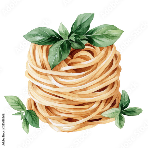 Delicious watercolor illustration of brown pasta with fresh basil leaves