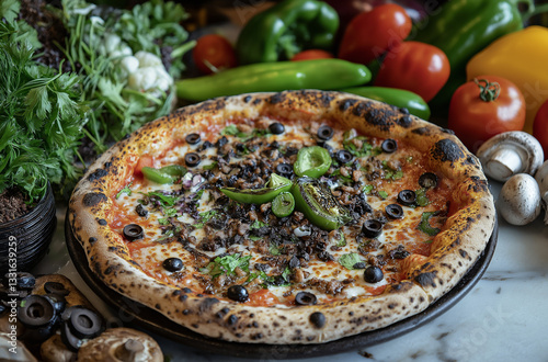 Wallpaper Mural A delicious, mouth-watering pizza topped with olives and green peppers on a wooden board, with one slice missing, surrounded by fresh vegetables and mushrooms in a vibrant setting Torontodigital.ca