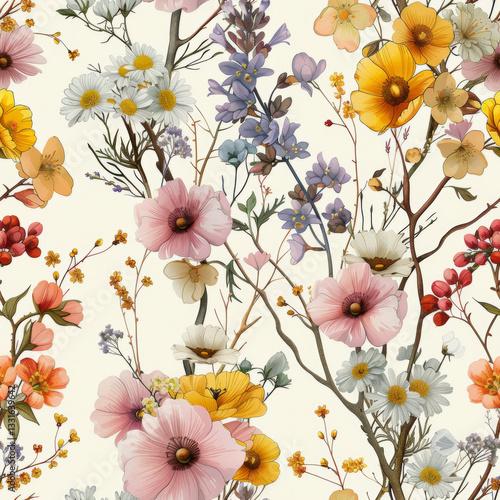 Wallpaper Mural Hand-Drawn Floral Illustration - High Detail Botanical Artwork Seamless Hand-Drawn Floral Pattern - High Detail Botanical Design Torontodigital.ca