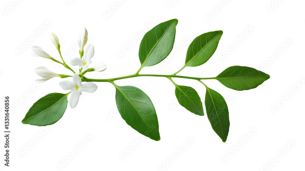 Naklejka premium Delicate White Flowers and Verdant Leaves: A Botanical Still Life for Natural Beauty, Freshness, and Aromatic Wellness on Black Background