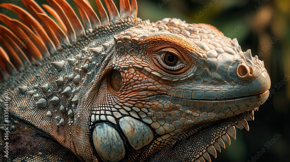Fototapeta premium a close-up of an iguanaâ€™s spiky, textured skin, the intricate details of its rough, weathered scales standing out in high definition. 