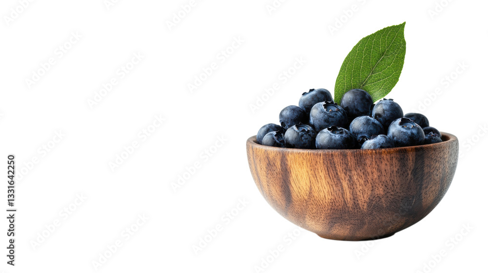 Fresh blueberries in a wooden bowl with a green leaf on a white background Fresh blueberries in a wooden bowl with a green leaf on a white background