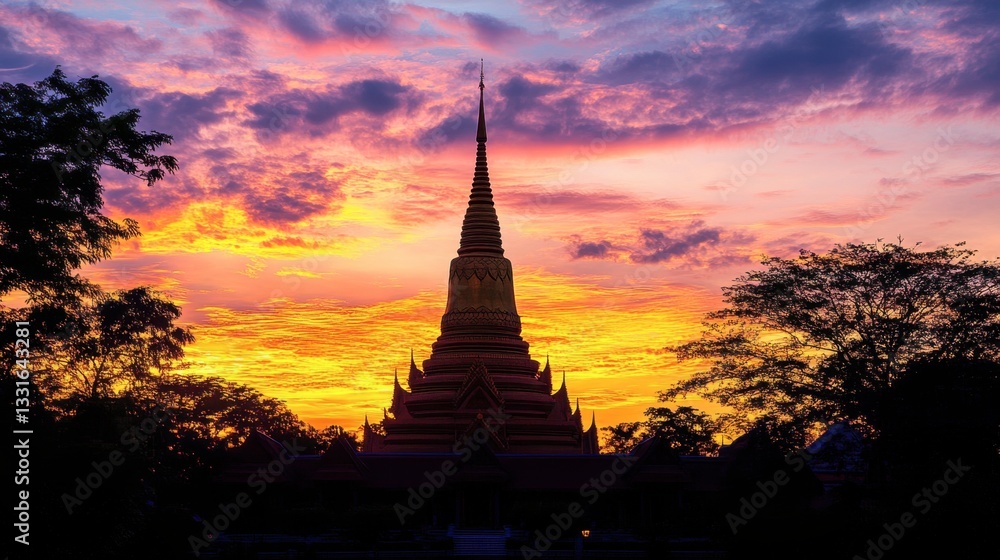 Fototapeta premium The silhouette of Mahachedi Chaimongkol Temple during sunset, with the golden spire standing proudly against the colorful sky.