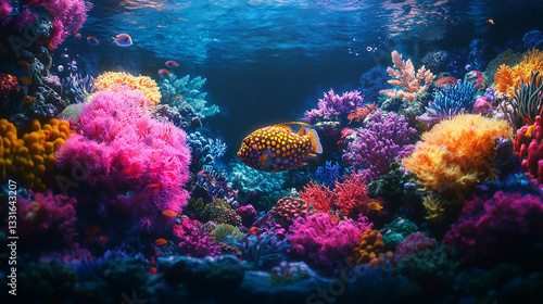 Wallpaper Mural Ultra-Realistic Image of a Spotted Pufferfish Gracefully Swimming in a Colorful Coral Reef Aquarium Torontodigital.ca