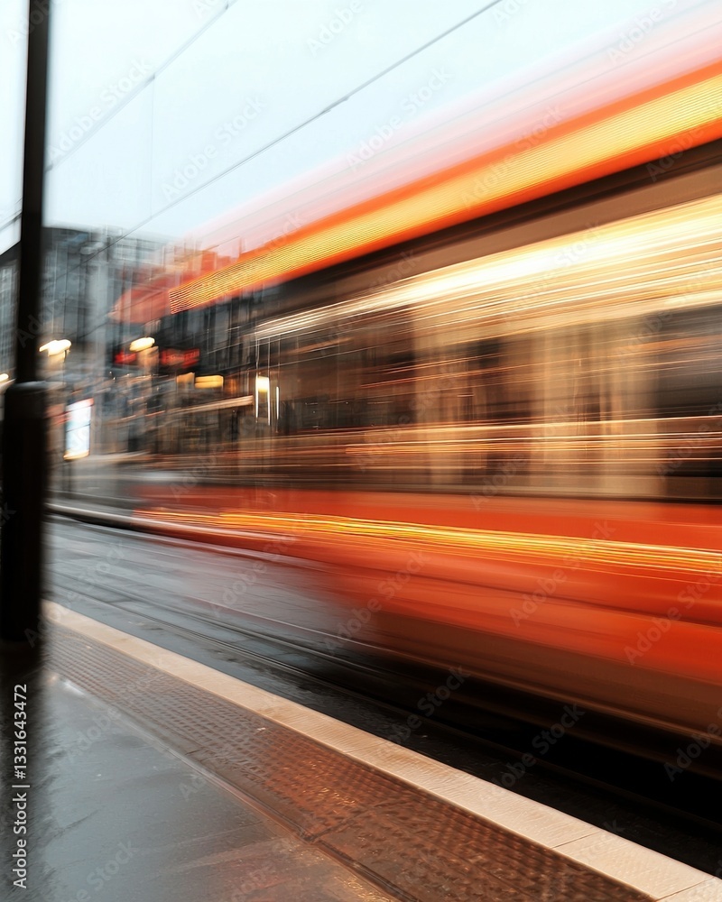Dynamic Motion Blur of an Orange Tram Passing Through a City Street During Rainy Weather Dynamic Motion Blur of an Orange Tram Passing Through a City Street During Rainy Weather