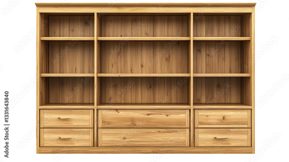 Elegant Wooden Bookcase with Shelves and Drawers - Storage Solution for Home Interior, Modern Design, Oak Finish, Empty Shelves, Wooden Furniture Elegant Wooden Bookcase with Shelves and Drawers - Storage Solution for Home Interior, Modern Design, Oak Finish, Empty Shelves, Wooden Furniture