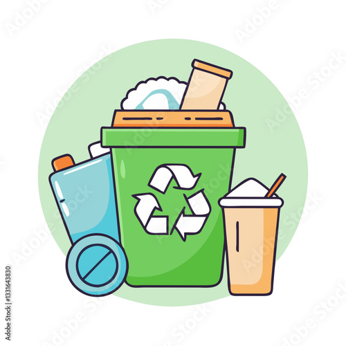 Recycle bin with waste, trash, and drink cup on green background for environmental concepts