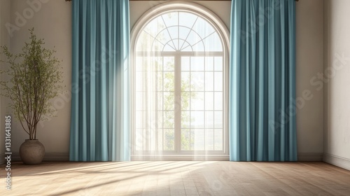 Realistic vector illustration of an arched window with elegant teal blue curtains hanging from a rod in a room with a wooden floor
