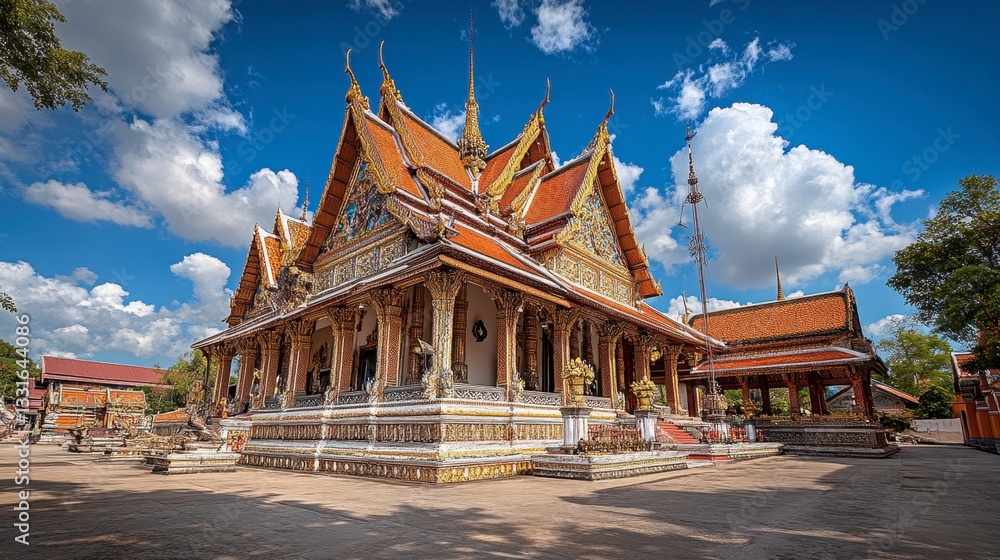 Fototapeta premium Wide-angle shot of the impressive architecture of Khao Sukim Temple, with ornate roofs and traditional Thai designs standing tall.