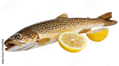 Freshly caught trout garnished with lemon slices on a rustic surface ready for cooking