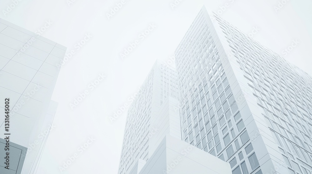 Naklejka premium Modern skyscrapers in a foggy urban setting.