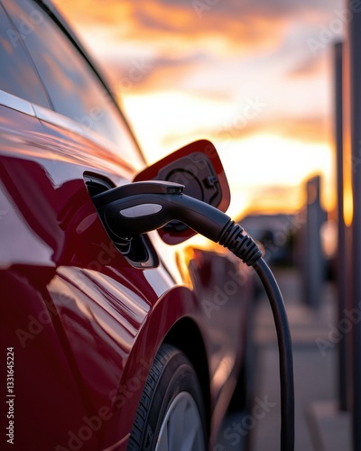 Electric Vehicle Charging Station at Sunset with Dramatic Sky and Red Car in Focus
