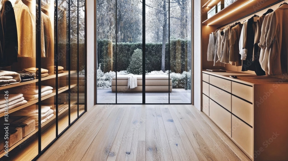 Fototapeta premium A modern look featuring seamless storage solutions, light wood flooring, and a glass-fronted wardrobe in a sleek dressing area.