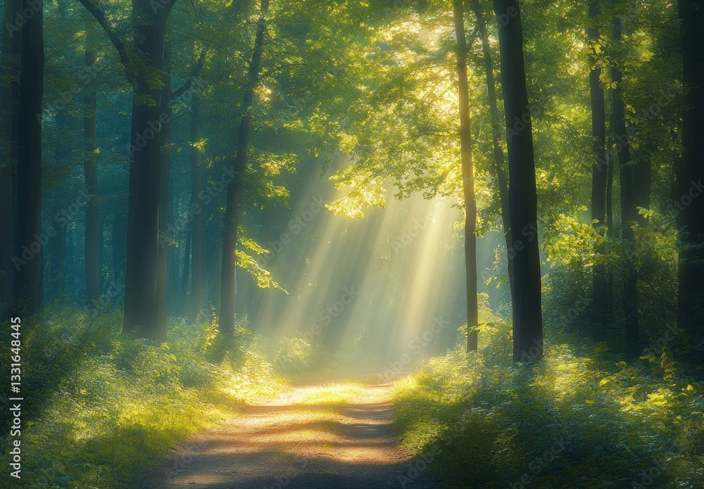 Naklejka premium Sunlight Streaming Through Forest Path Creating a Magical Nature Scene