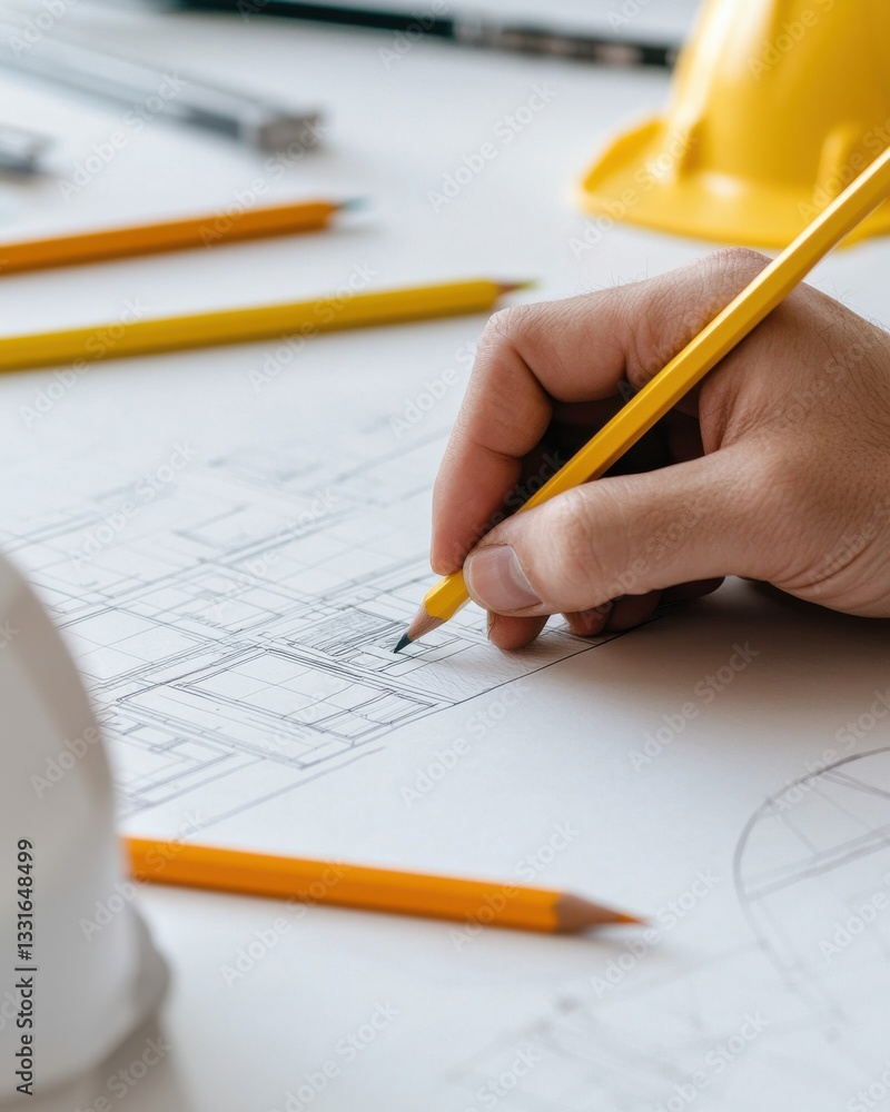Creative Hand Sketching Architectural Plans with Yellow Pencil on White Paper Surface Creative Hand Sketching Architectural Plans with Yellow Pencil on White Paper Surface