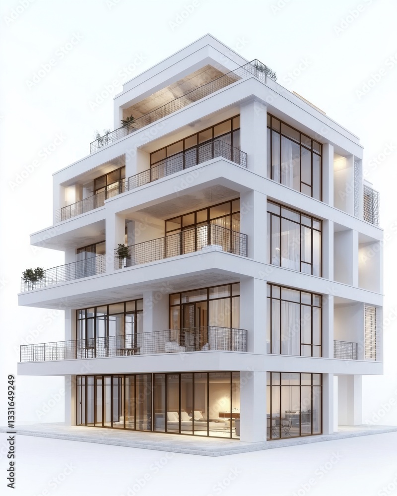 Fototapeta premium Modern Stylish Building with Glass Facade and Balconies in Minimalist Architectural Design