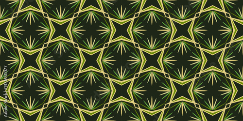 Green yellow geometric seamless pattern. Ethnic decorative graphic design of square multirayed stars. Unusual abstract ornament on dark green background. Diagonal optical illusion background