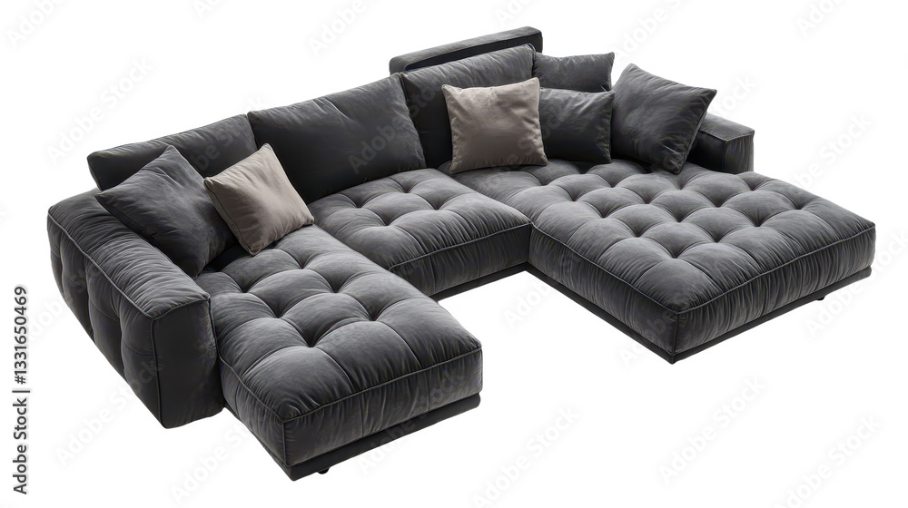 Obraz premium Elegant Grey Sofa: Modern Interior Design, Comfortable Living Room Furniture, Stylish Home Decor, Plush Cushions, and Luxury Relaxation in a Cozy Apartment