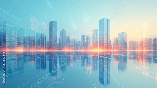 Stylish modern cityscapes, glass skyscrapers, glowing lines of futuristic structures, urban development, technology, corporate Settings and high-tech financial worlds.