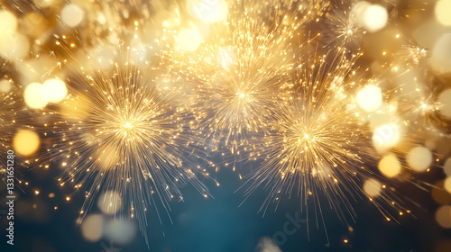 Golden Fireworks Bursting in the Dark Sky